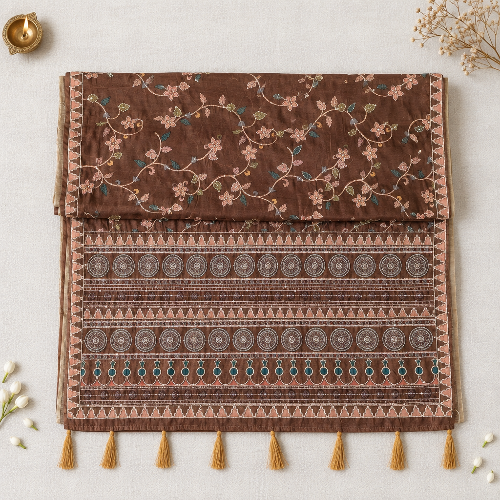 Brown saree with open pallu on off-white linen
