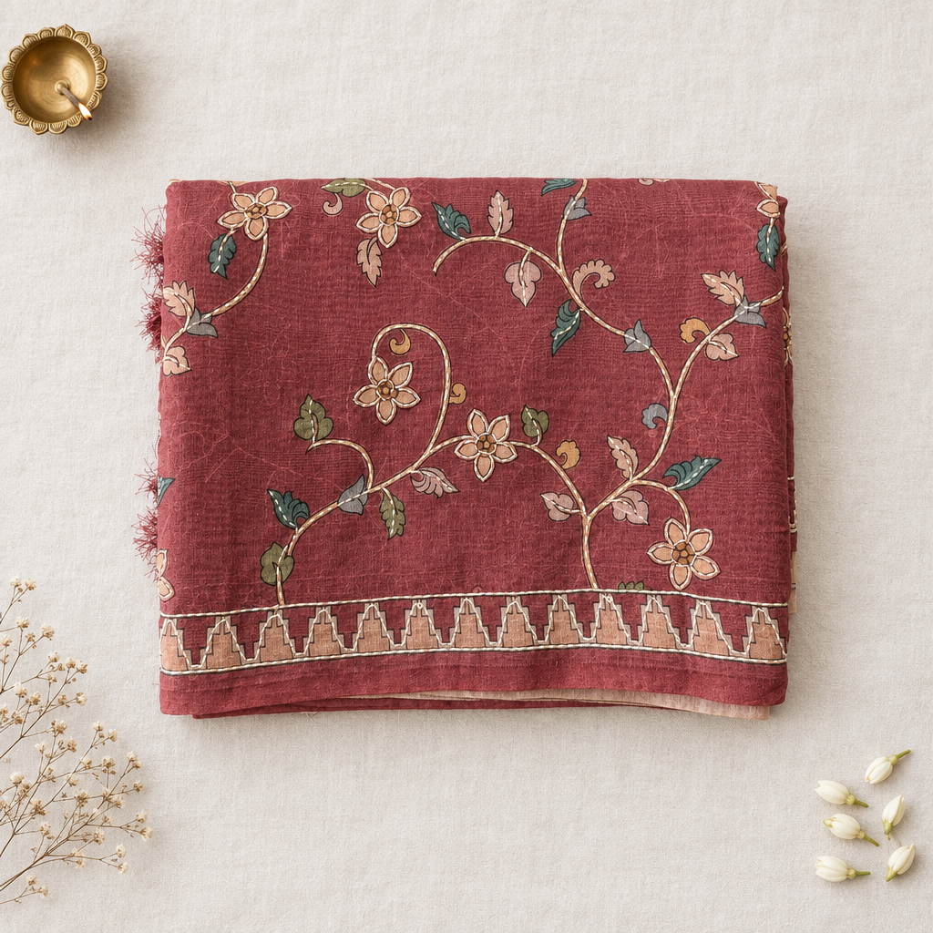 Folded saree on off-white linen with brass diya, dried flowers and jasmine buds