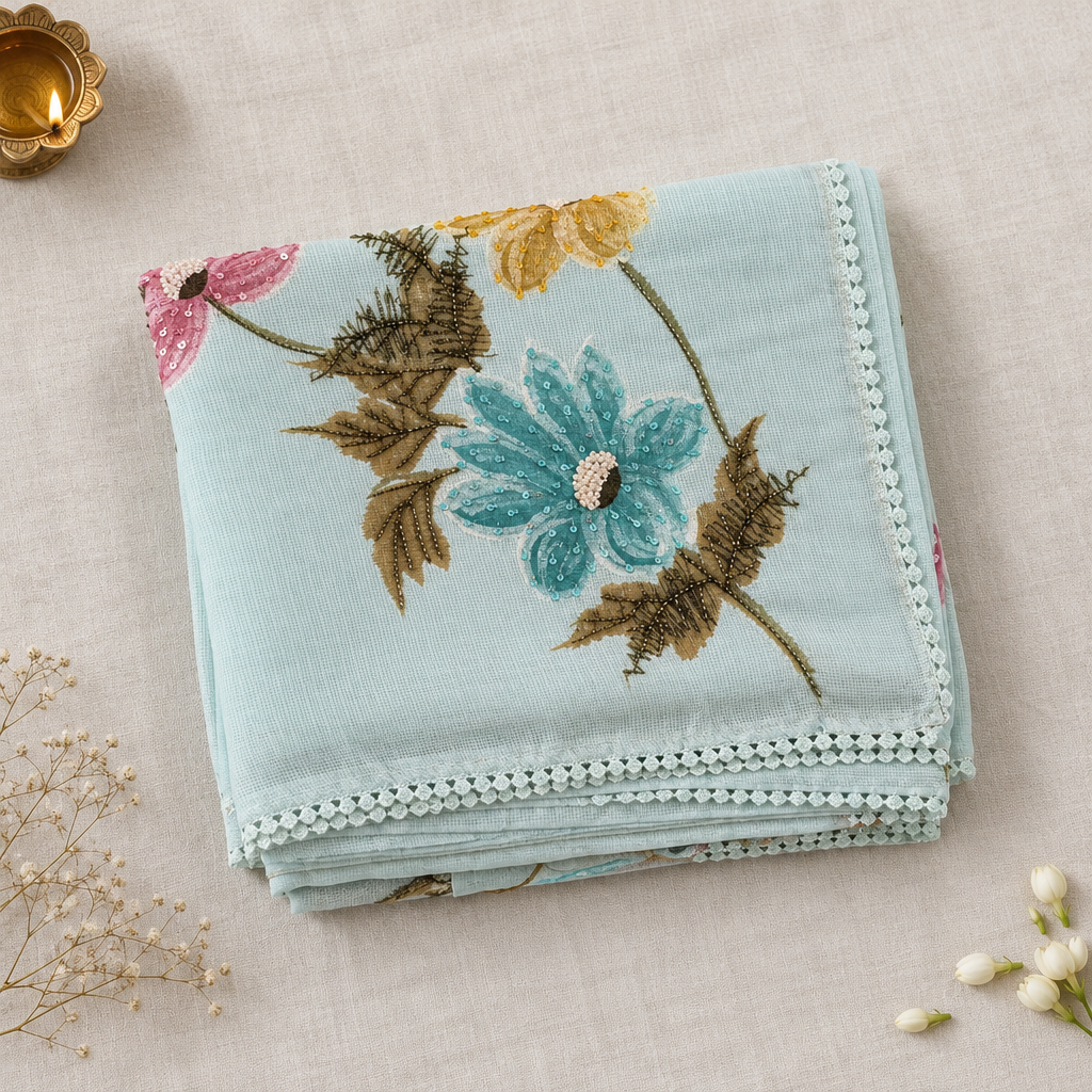 Folded saree styled on off-white linen with minimal boutique props