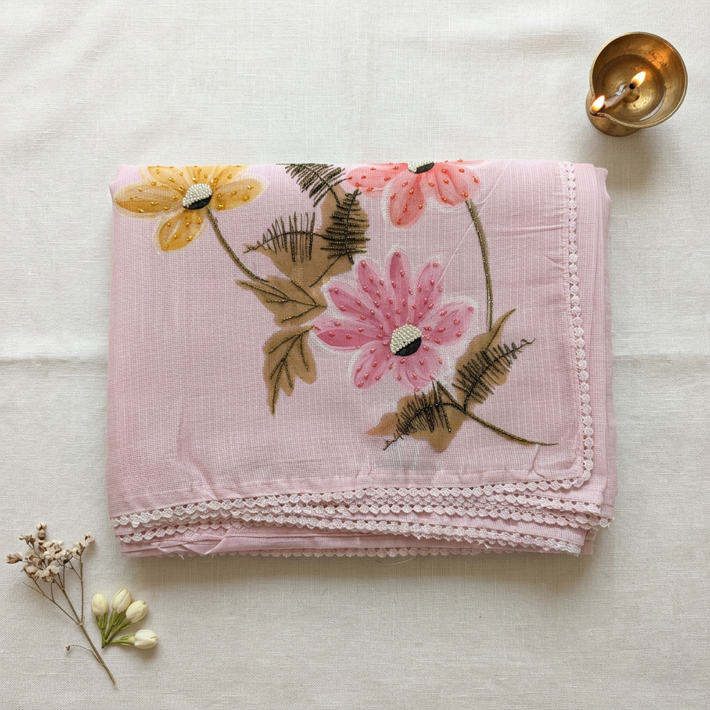 Folded saree with diya farther away