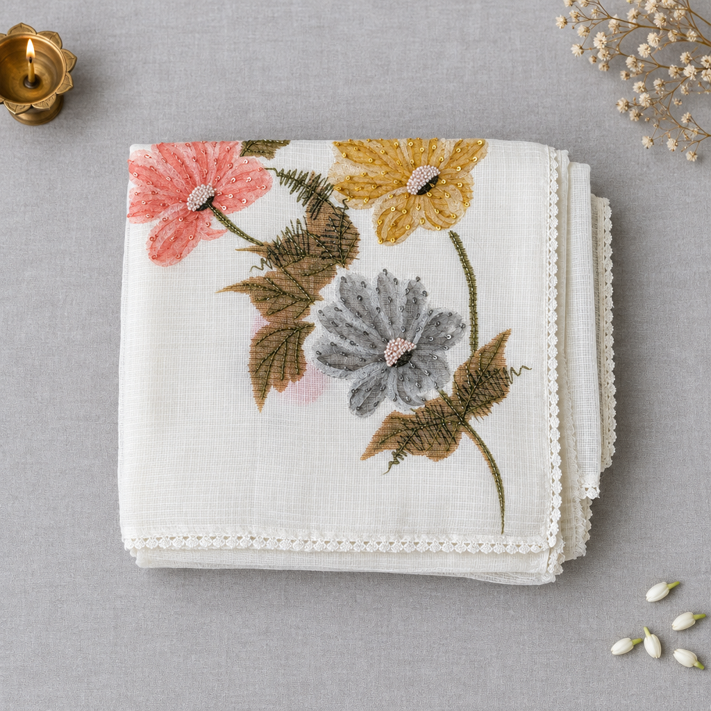 Folded white saree on light grey linen