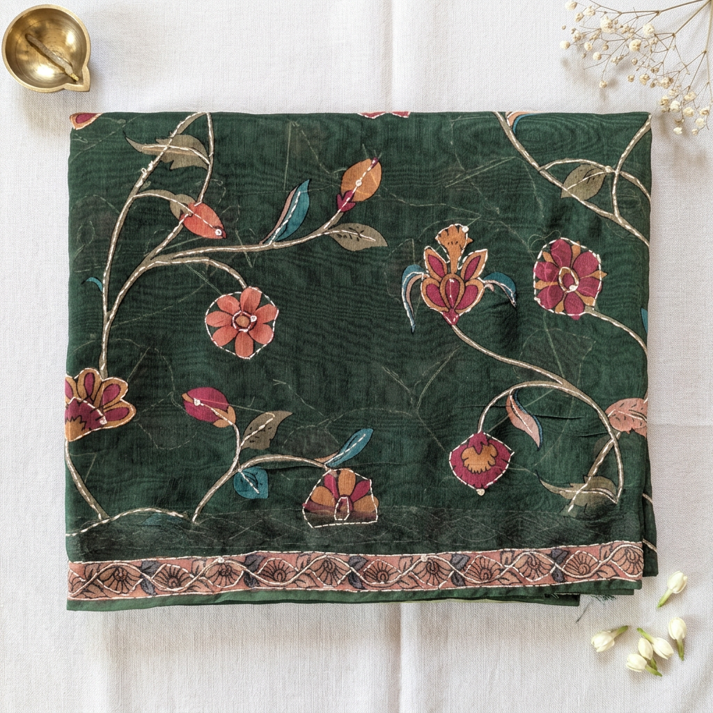 Green saree folded on off-white linen