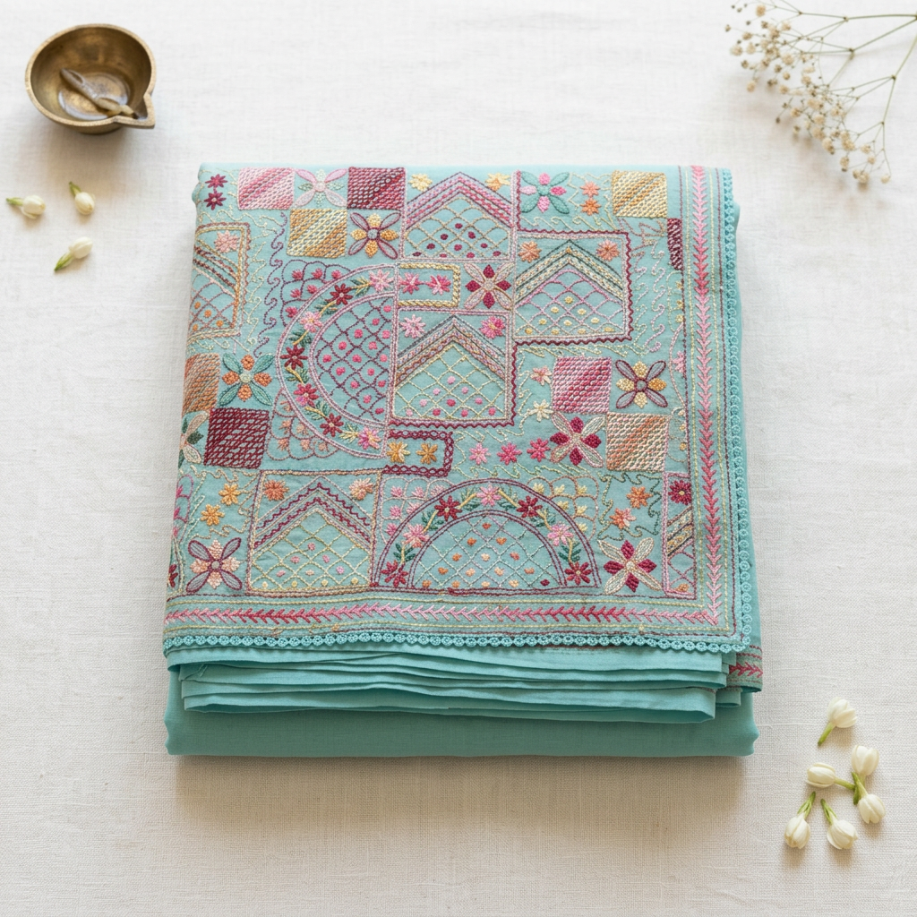 Neatly folded aqua saree