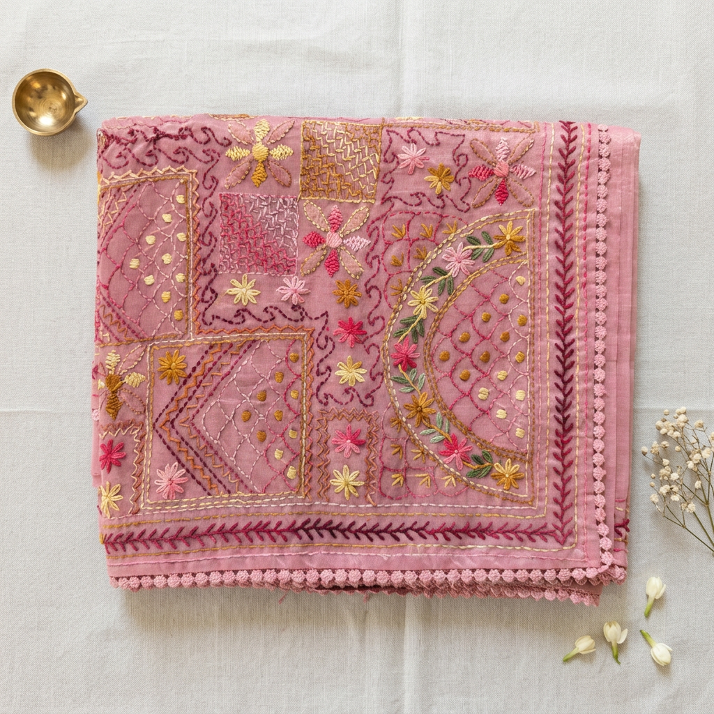 Neatly folded pink saree