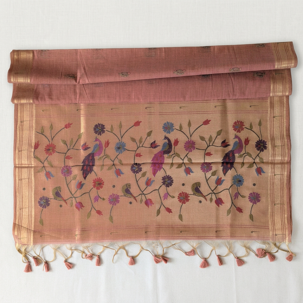 Open-pallu saree background edit on off-white linen in a square composition