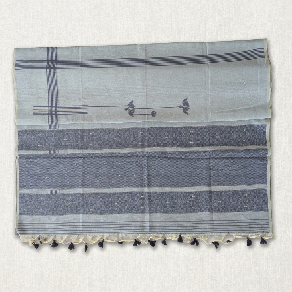 Open-pallu saree background edit on off-white linen in a square composition