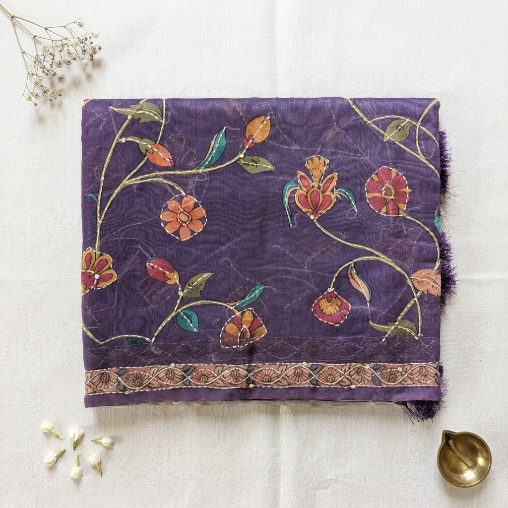 Purple saree folded on off-white linen