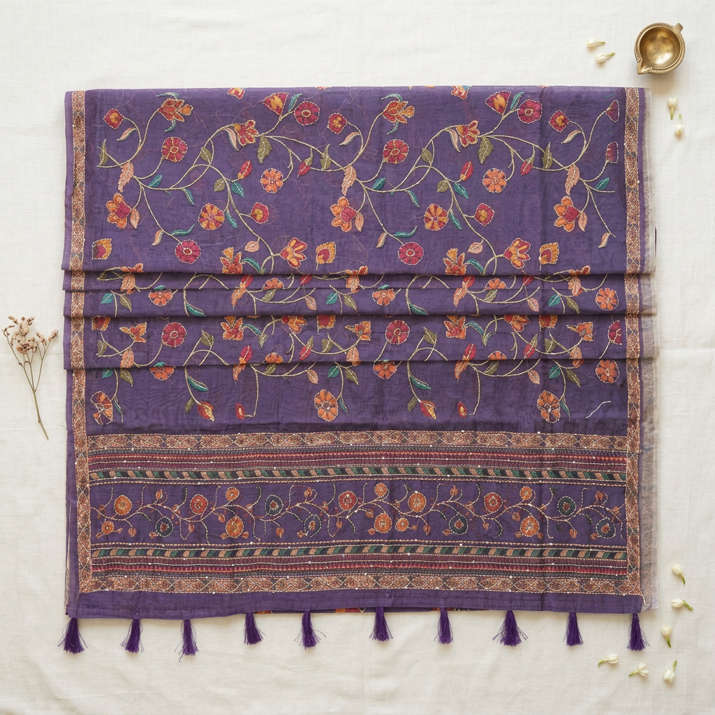 Purple saree with open pallu and border details