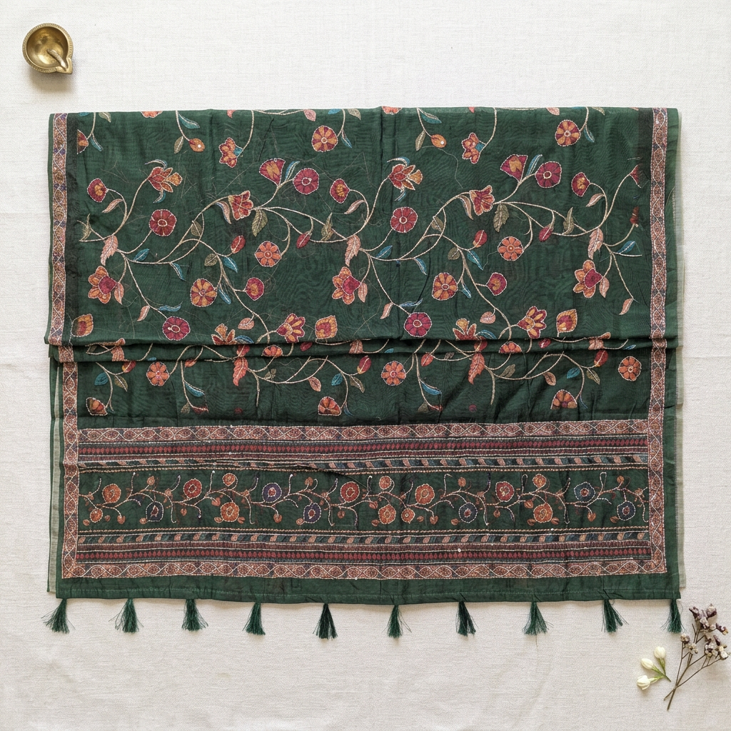 Revised green open-pallu image with full borders