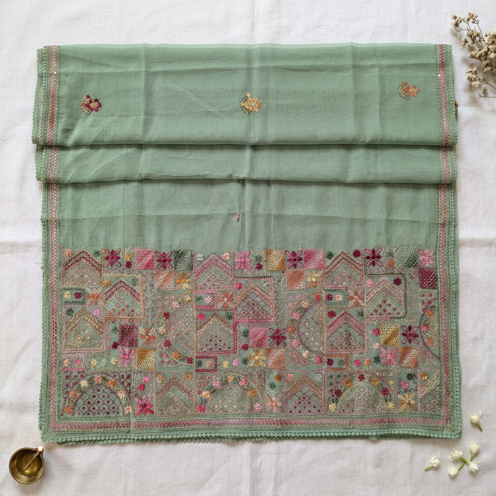Revised sage-green open-pallu image