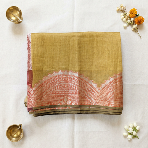 Saree product photo with off-white linen background and minimal edge props