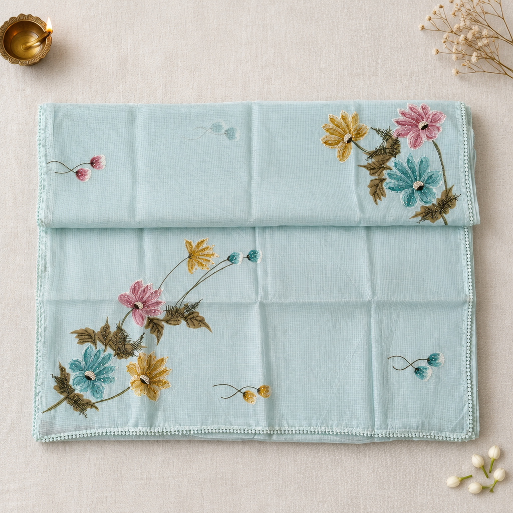 Square boutique saree product photo on off-white linen